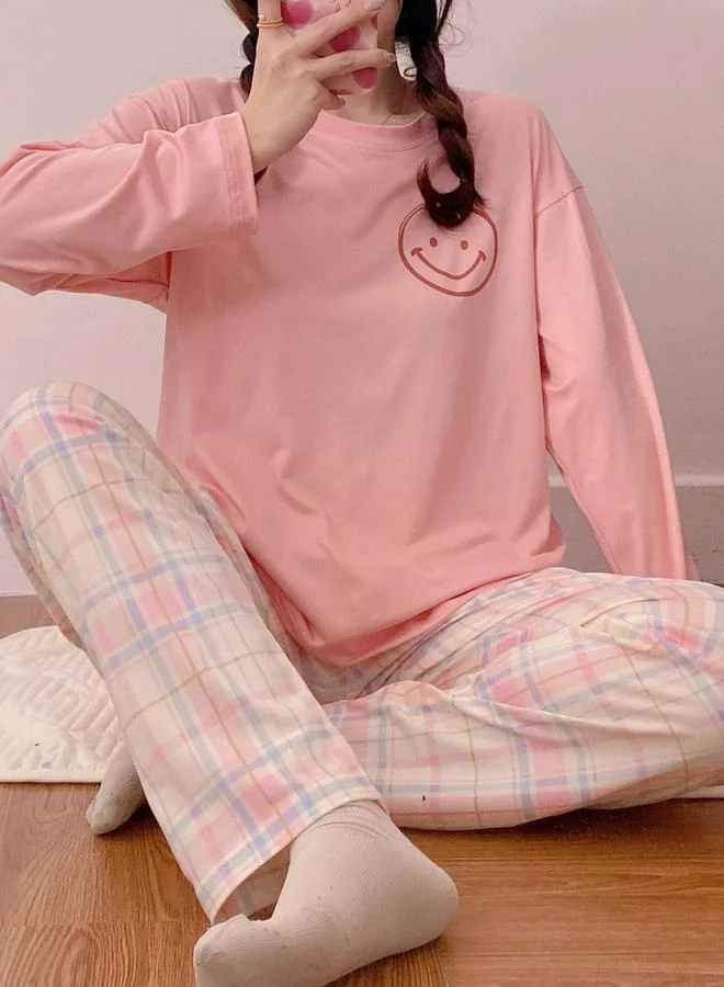 Take Two  Pink Round Neck T-Shirt and Checked Pyjama Set for Women | Best Price UAE